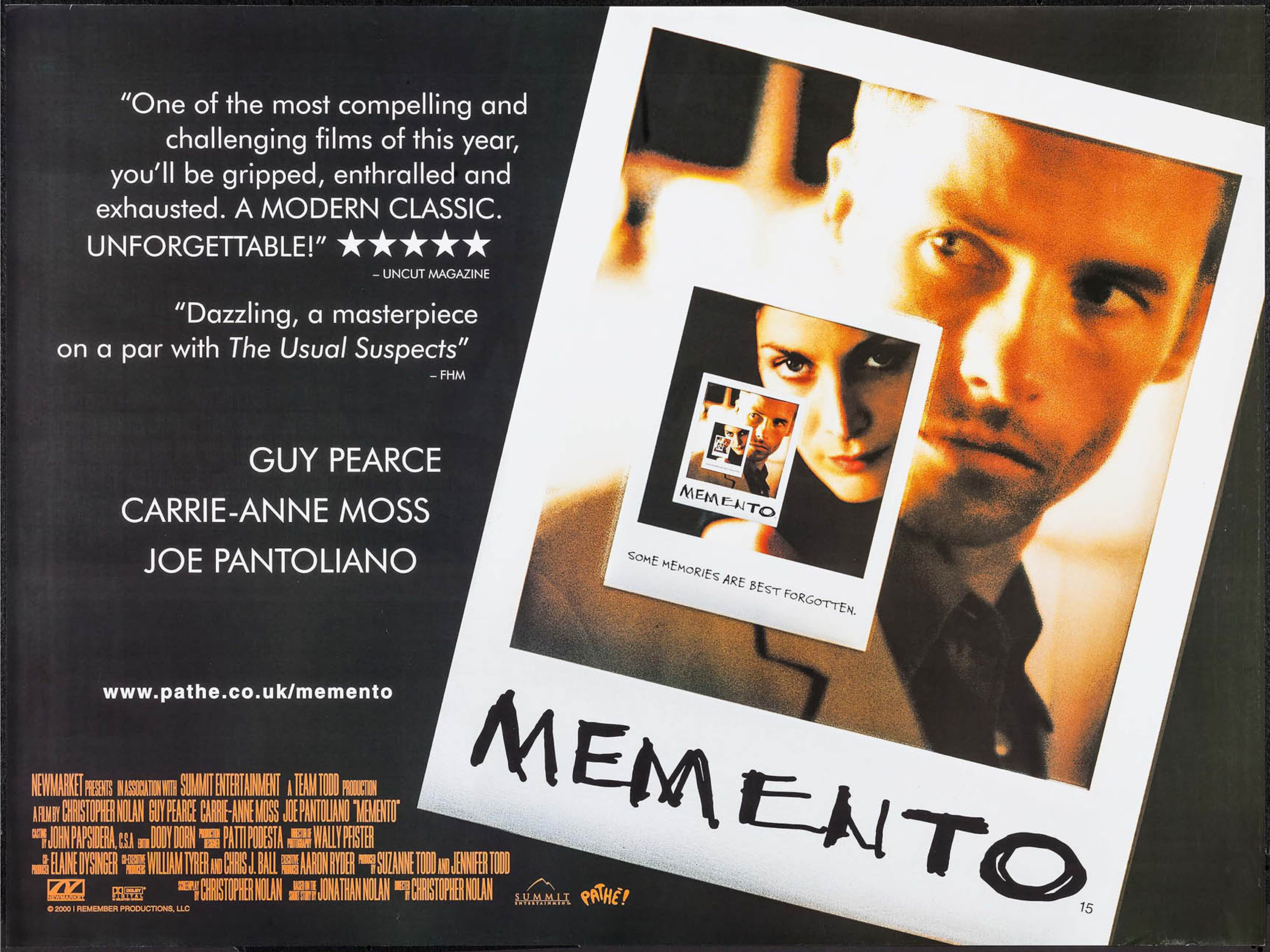 Poster for Memento, a movie designed to purposefully confuse the audience by narrating the story (partly) in reverse.