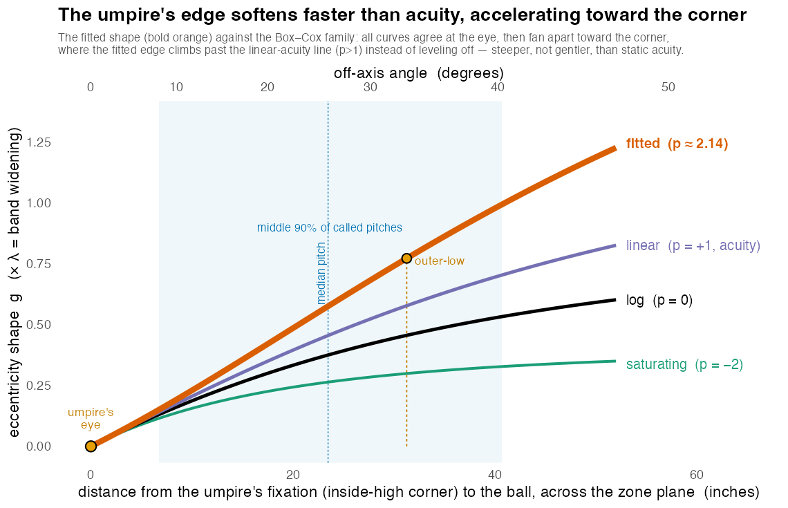 How the edge softens with distance from the umpire’s gaze. The width of the ball-to-strike transition as a function of how far a pitch lands from the fixated inside-high corner, out to the lower-outside corner (~31 in). Candidate shapes agree near the eye and fan apart only toward the far corner; the fitted curve (p\approx2.1) accelerates, climbing above the linear falloff that peripheral acuity follows. Actual band-widening is this curve times \lambda\approx0.16 — about a 12% widening of the edge at the corner.