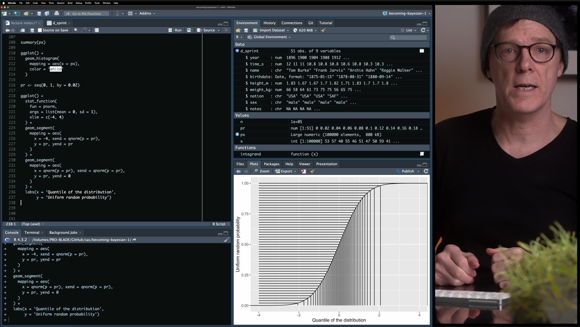 Example of the frame used for live coding. By placing code to the left of me, it matched my view of the screen, which I partly show in the main frame.